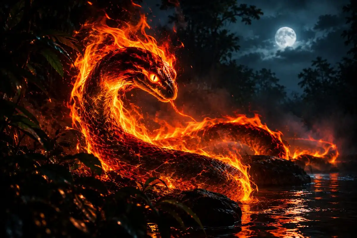 Serpente de fogo com olho incandescente emergindo às margens de um rio à noite, sob lua cheia