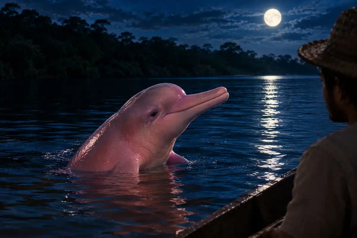 Boto cor-de-rosa emergindo das águas de um rio amazônico à noite, observado por um homem em canoa, sob lua cheia