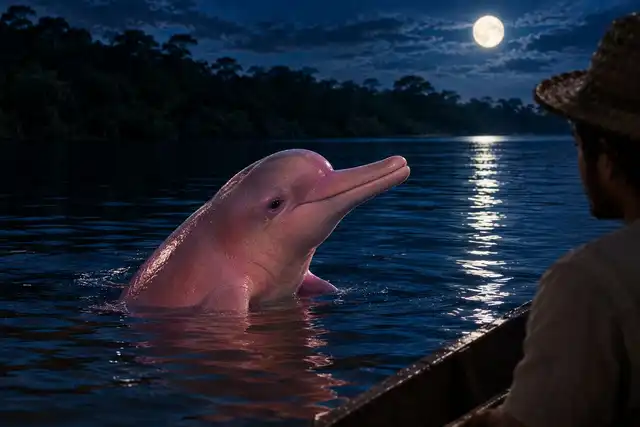 Boto cor-de-rosa emergindo das águas de um rio amazônico à noite, observado por um homem em canoa, sob lua cheia