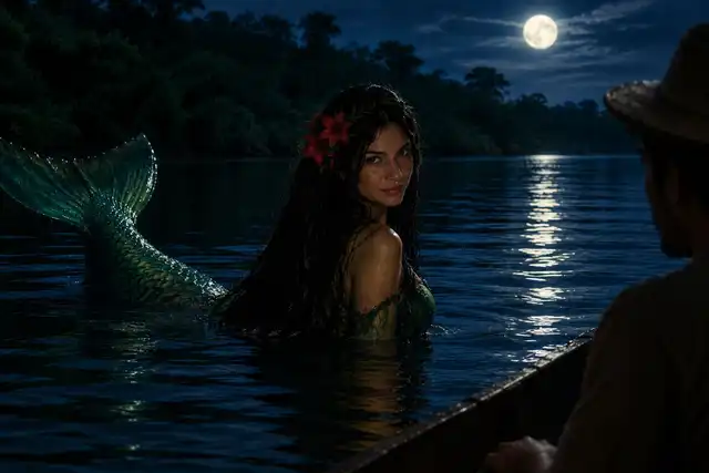 Sereia de cabelos escuros e flores vermelhas, cauda esverdeada, olhando por cima do ombro para um pescador em canoa, à luz da lua