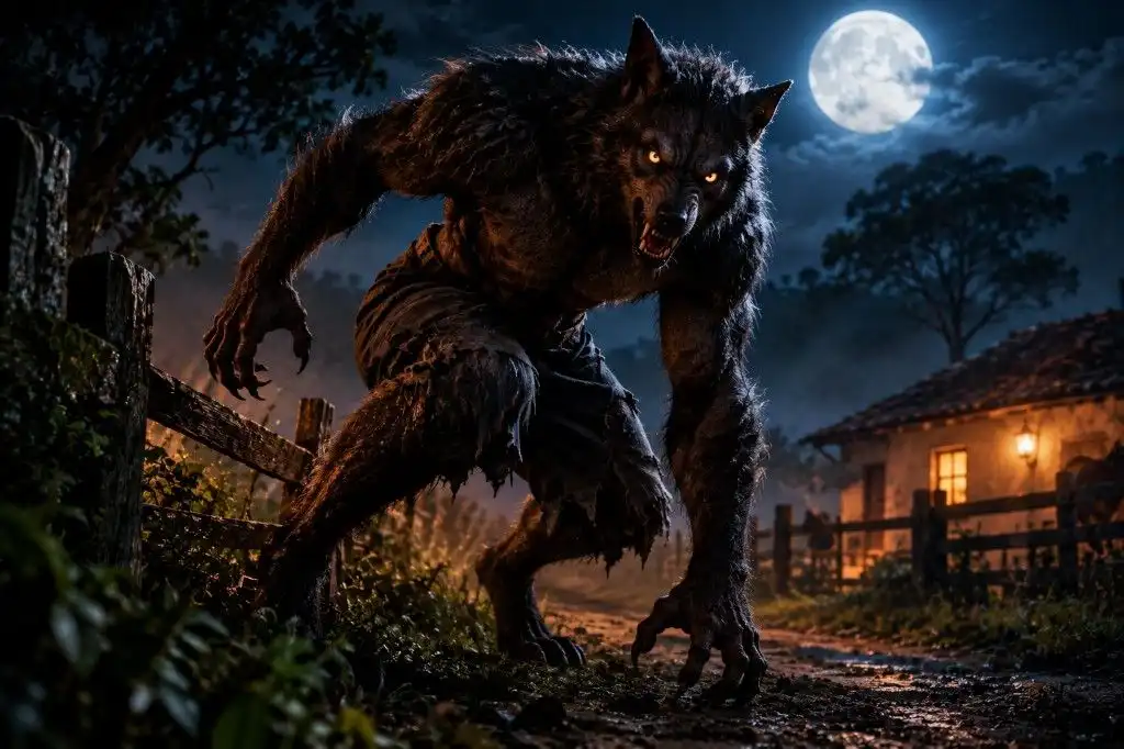 Criatura híbrida entre homem e lobo, de olhos amarelos, agachada em uma estrada de terra à noite, entre uma cerca de madeira e uma casa iluminada, sob lua cheia