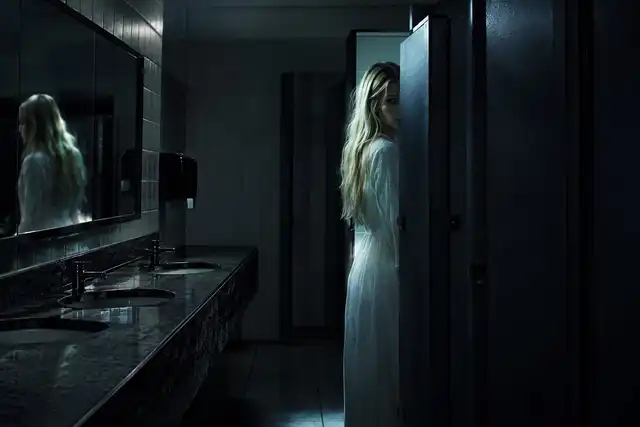 Figura feminina de cabelo loiro comprido, vestida de branco, espreitando por trás da porta de uma cabine em um banheiro escuro, com o próprio reflexo visível no espelho ao fundo