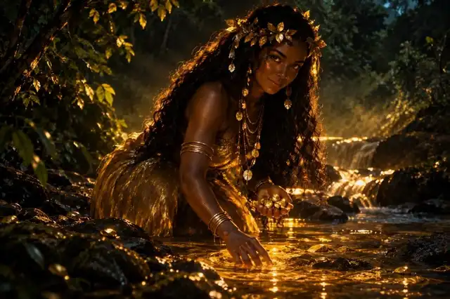 Mulher de cabelos longos e joias douradas, ajoelhada em um riacho dourado na floresta, com pepitas de ouro na mão