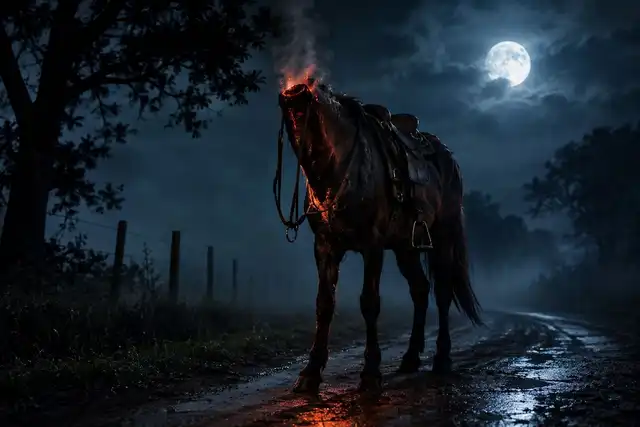 Mula sombria com chamas saindo do focinho, parada em uma estrada de terra à noite sob lua cheia