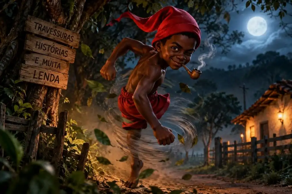 Menino negro de uma perna só, com gorro vermelho e cachimbo, pulando em um redemoinho numa estrada de terra à noite, ao lado de uma placa de madeira e uma casa iluminada, sob lua cheia