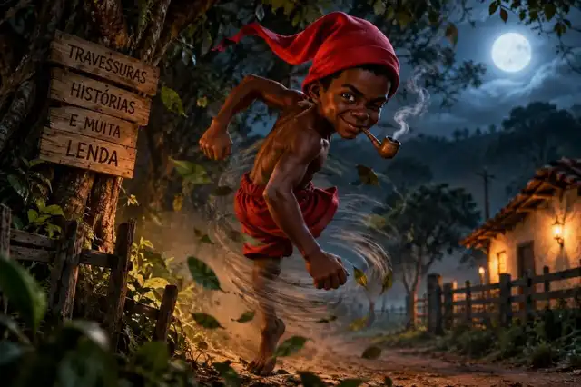 Menino negro de uma perna só, com gorro vermelho e cachimbo, pulando em um redemoinho numa estrada de terra à noite, ao lado de uma placa de madeira e uma casa iluminada, sob lua cheia